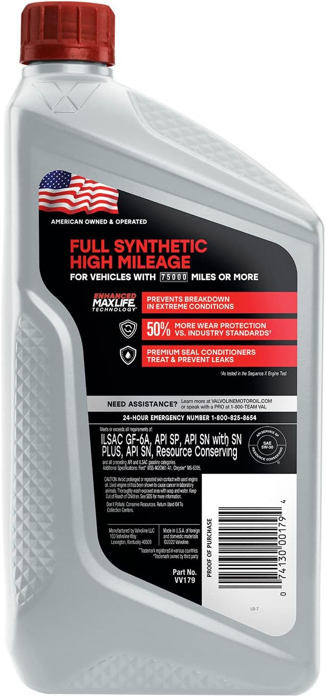 Valvoline Full Synthetic High Mileage with MaxLife Technology SAE 5W-30 Motor Oil 1 QT (Pack of 2)