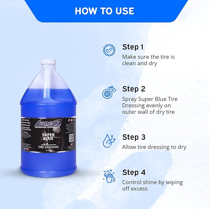 LANE'S Super Blue Tire Dressing Spray | High-Gloss Car Tire Shine Spray | No Sling, No Run, Long Lasting | Protects from Cracks & UV Rays | Non-Greasy Automotive Dressing & Cleaner | 1 Gallon, 2 Pack