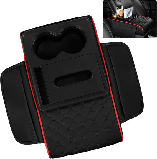 5 in 1 Car Armrest Storage Box for Center Console, Armrest Cushion Cover for Car with 2 Cup Holders Storage Bags, Tissue Box, Phone Slot, Premium Memory Foam with Nappa Leather, 14.2*7.9*2.8in, Black