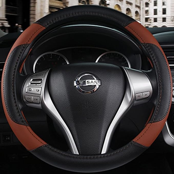 Leather Car Steering Wheel Cover, Non-Slip Car Wheel Cover Protector Breathable Microfiber Leather Universal Fit for Most Cars(Brown)