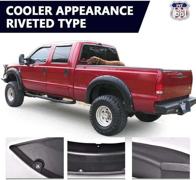 PIT66 Fender Flares, Compatible with 1999-2007 Ford F250 F350 Super Duty(ONLY Fit Styleside Models), Rugged Textured Black Pocket Riveted Style Wheel Flares Set, 4 Pcs