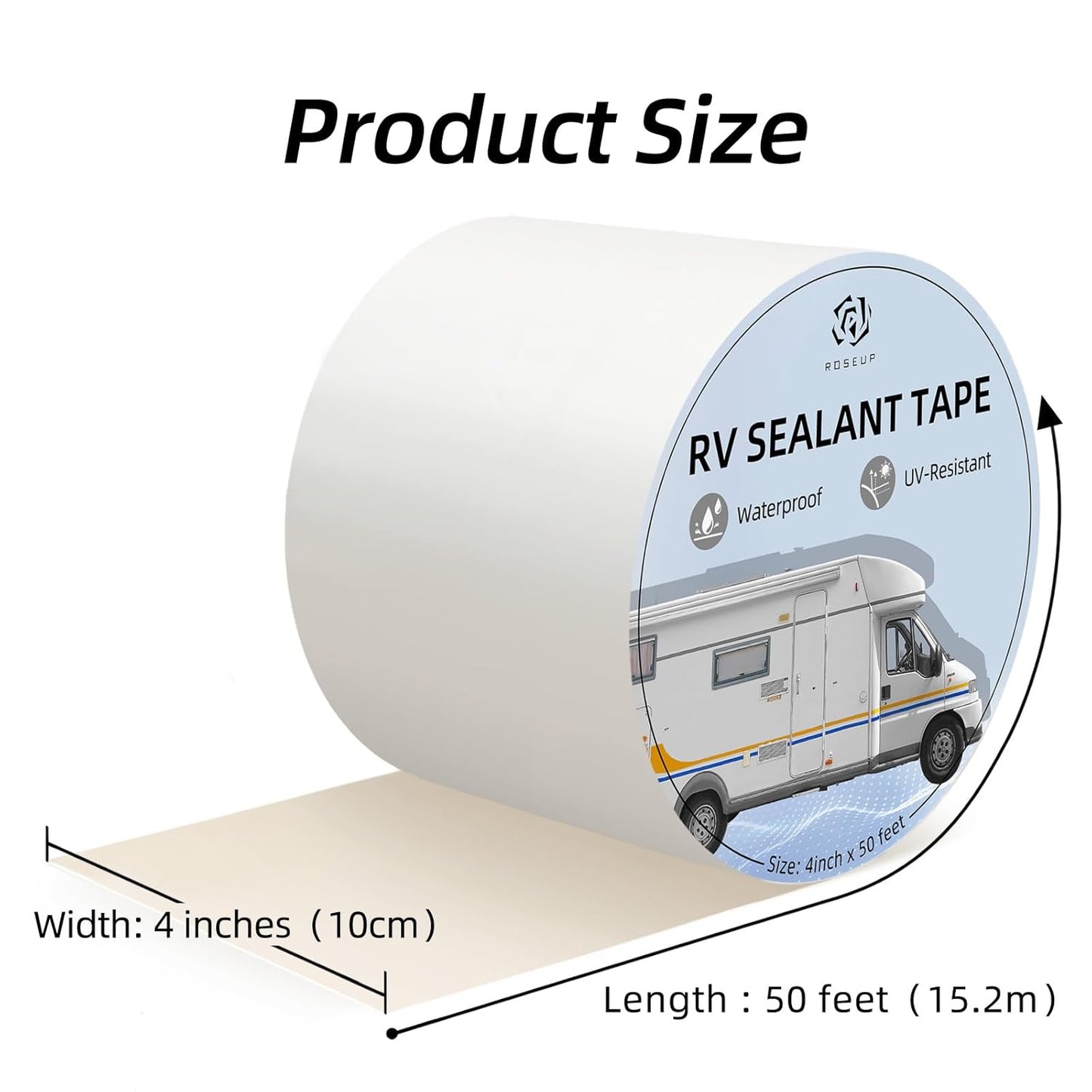ROSEUP RV Roof Repair White Tape, 4 Inch X 50 Feet, RV Repair Seal Tape for Camper Roof Repair, Trailer Roof Sealant, Stop Camper Roof Leaks, UV-Resistant, Weatherproof, White
