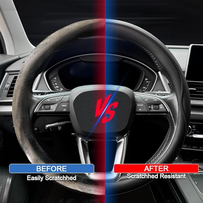 Leather Steering Wheel Cover， with Anti-Slip Stripe Design - Enhanced Grip, Fashion Style, Safe, Non-Slip, Breathable. Upgrade car Interior，Black