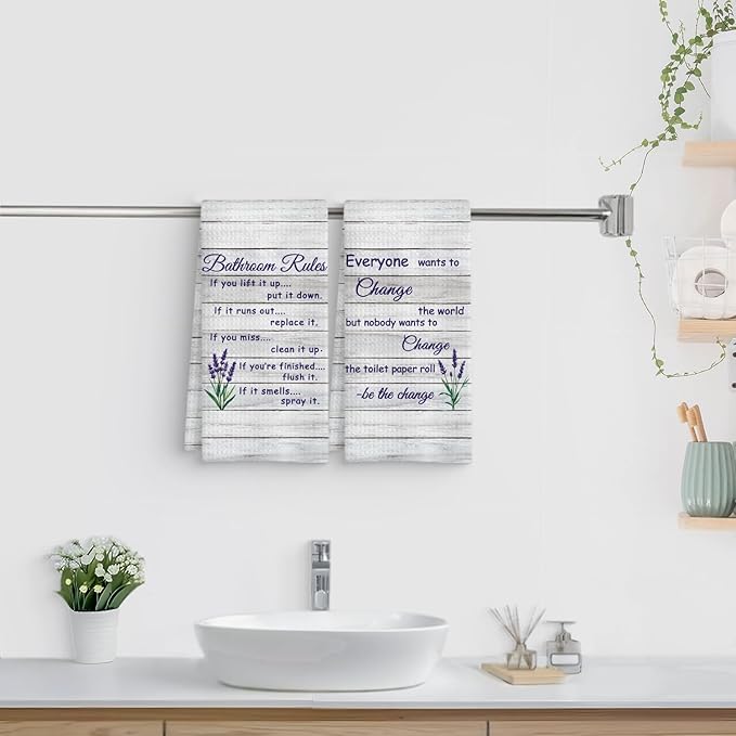 Funny Bathroom Rules Decorative Hand Towels Set of 2, Rustic Farmhouse Hand Towels for Bathroom Decor, 16x24 Inch(Lavender Style)