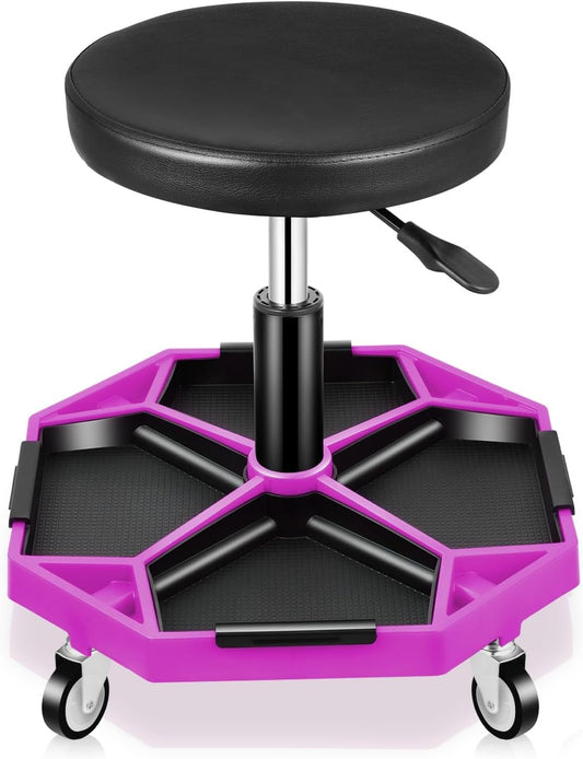Auto Dynasty Mechanic Stool, Adjustable Rolling Pneumatic Creeper Garage Shop Seat with Tool Tray, 300 LBS Roller Seat for Workshop Auto Repair, Adjustable Height 15.7" to 21", Purple