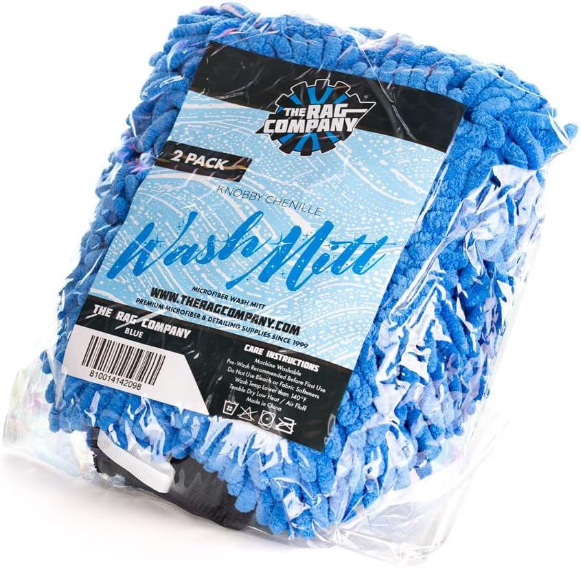 The Rag Company - Premium Chenille Microfiber Knobby Wash Mitts - Perfect for Car Washing and Detailing; Scratch-Free, Lint-Free, Double-Sided, Plush, and Absorbent; Blue (2-Pack)