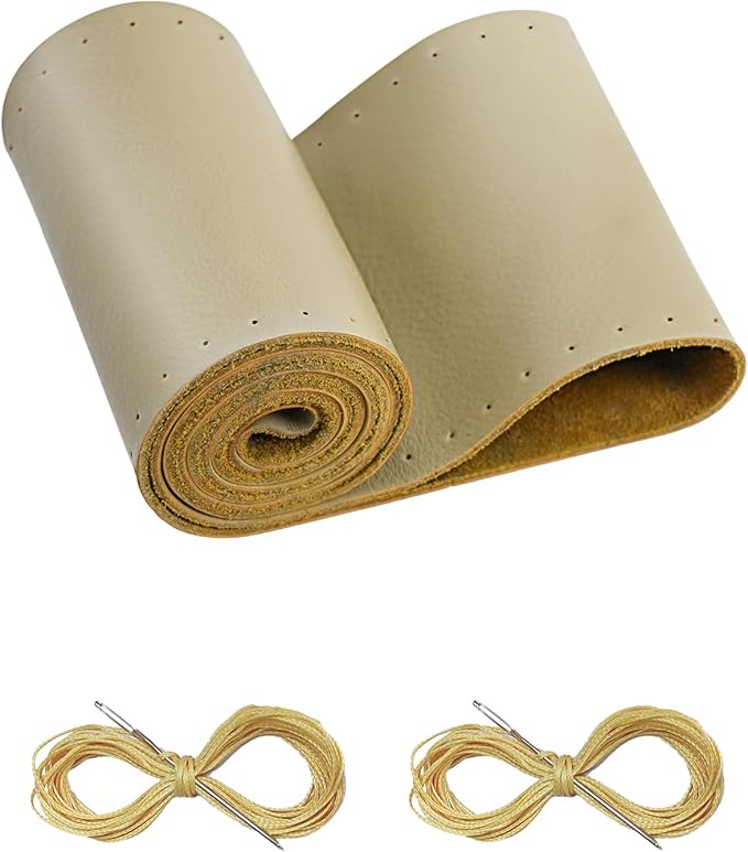 BELINOUS Leather Steering Wheel Cover Lace Up, Stitch On Wrap, Universal Fit 13-20 inch Car Truck SUV Pickup Boat, A Whole Piece of Cowhide, DIY Stitch w/Needle Thread (Size M1, Beige)
