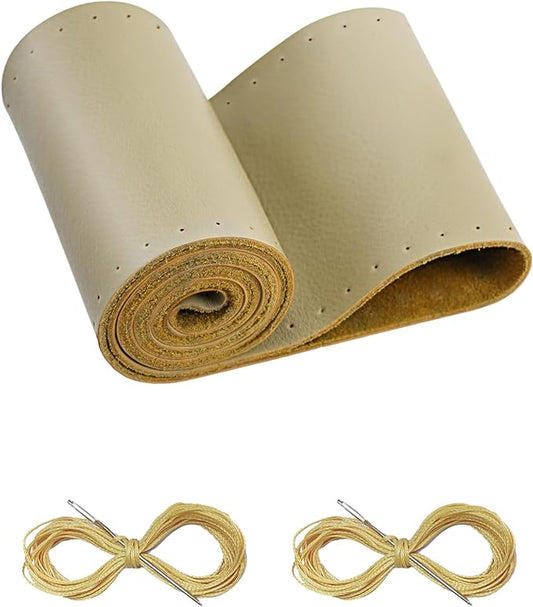 BELINOUS Leather Steering Wheel Cover Lace Up, Stitch On Wrap, Universal Fit 13-20 inch Car Truck SUV Pickup Boat, A Whole Piece of Cowhide, DIY Stitch w/Needle Thread (Size L2, Beige)