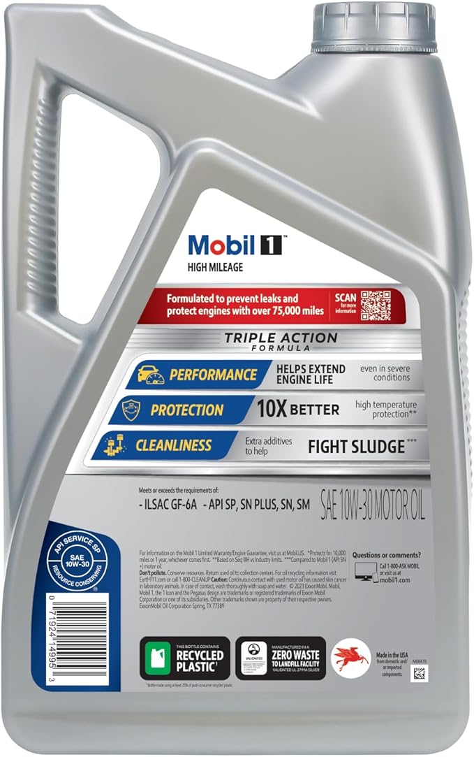 Mobil 1 High Mileage Full Synthetic Motor Oil 10W-30, 5 Quart