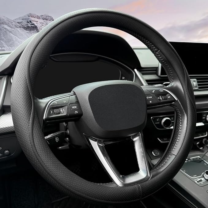 Leather Steering Wheel Cover， with Anti-Slip Stripe Design - Enhanced Grip, Fashion Style, Safe, Non-Slip, Breathable. Upgrade car Interior，Black