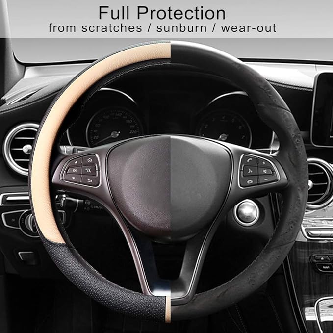 COFIT Breathable Car Steering Wheel Cover 15 inch Auto Universal Leather Wrap Non-Slip Steeringwheel Protector Automotive Interior Accessories, Beige (Suit for 14.5-15 inch)