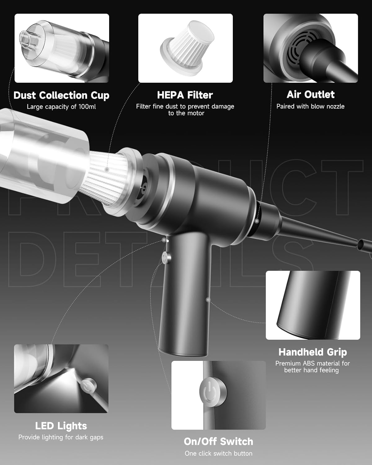 Handheld Vacuum Cordless Rechargeable with LED Light and Multi-Nozzles,15000 Pa Car Vacuum Portable Cordless, 120W Powerful Mini Vacuums Cleaner for Home, Car, Pet Hair, DC Motor, Black