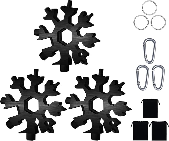 FZENeast Snowflake Multitool, 3 Pcs 18-in-1 Stainless Steel Snowflake Standard Multi-Tool, Snowflake Wrench with Key Ring, Carabiner Clip and Storage Bag (Black)