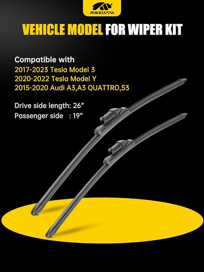 MIKKUPPA 26"+19" Windshield Wipers Blades Replacement for 2017-2023 Tesla Model 3, 2020-2022 Model Y, 2015-2020 Audi A3,A3 QUATTRO,S3, Top Lock All Season Wiper Blades(Pack of 2)