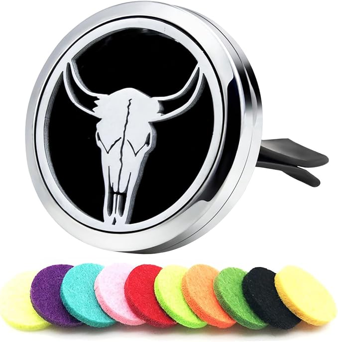 Car Essential Oil Diffuser Vent Clip Car Aromatherapy Christmas Car Accessories with 10 Refill Pads(Bull Skull)