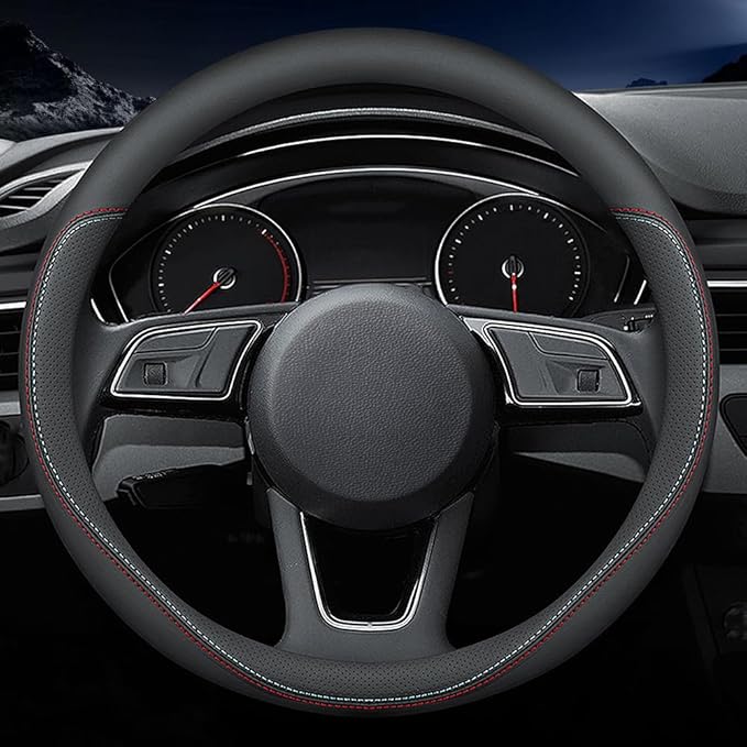 Carodi Latest Nappa Leather car Steering Wheel Cover, Stylish Non-Slip Leather car Interior 15 inches Universal（Black）