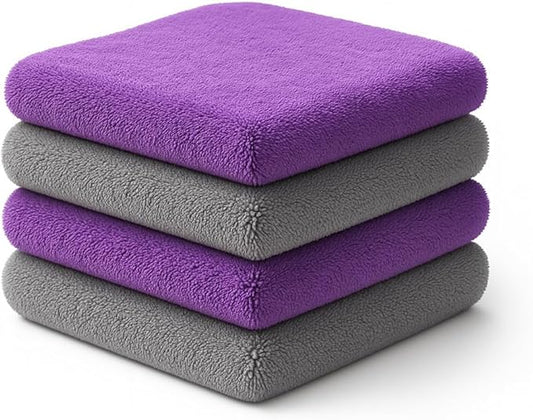 Paks - Edgeless Microfiber Towels 4-Pack - Car Detailing Wash Cloths for Cleaning - 16x16 Car Drying Towel - Lint Free Auto Rags for Polishing & Buffing - Purple & Grey Cleaning Supplies