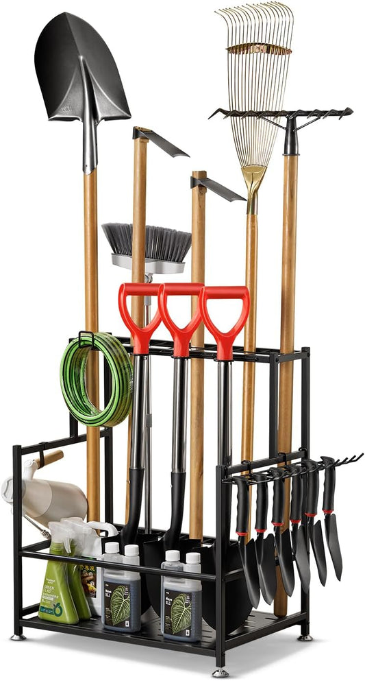 Garden Tool Organizer – Heavy-Duty Carbon Steel Storage Rack for Garage, Shed & Yard – Rust-Resistant, Holds 100+ lbs of Garden & Lawn Tools – Black