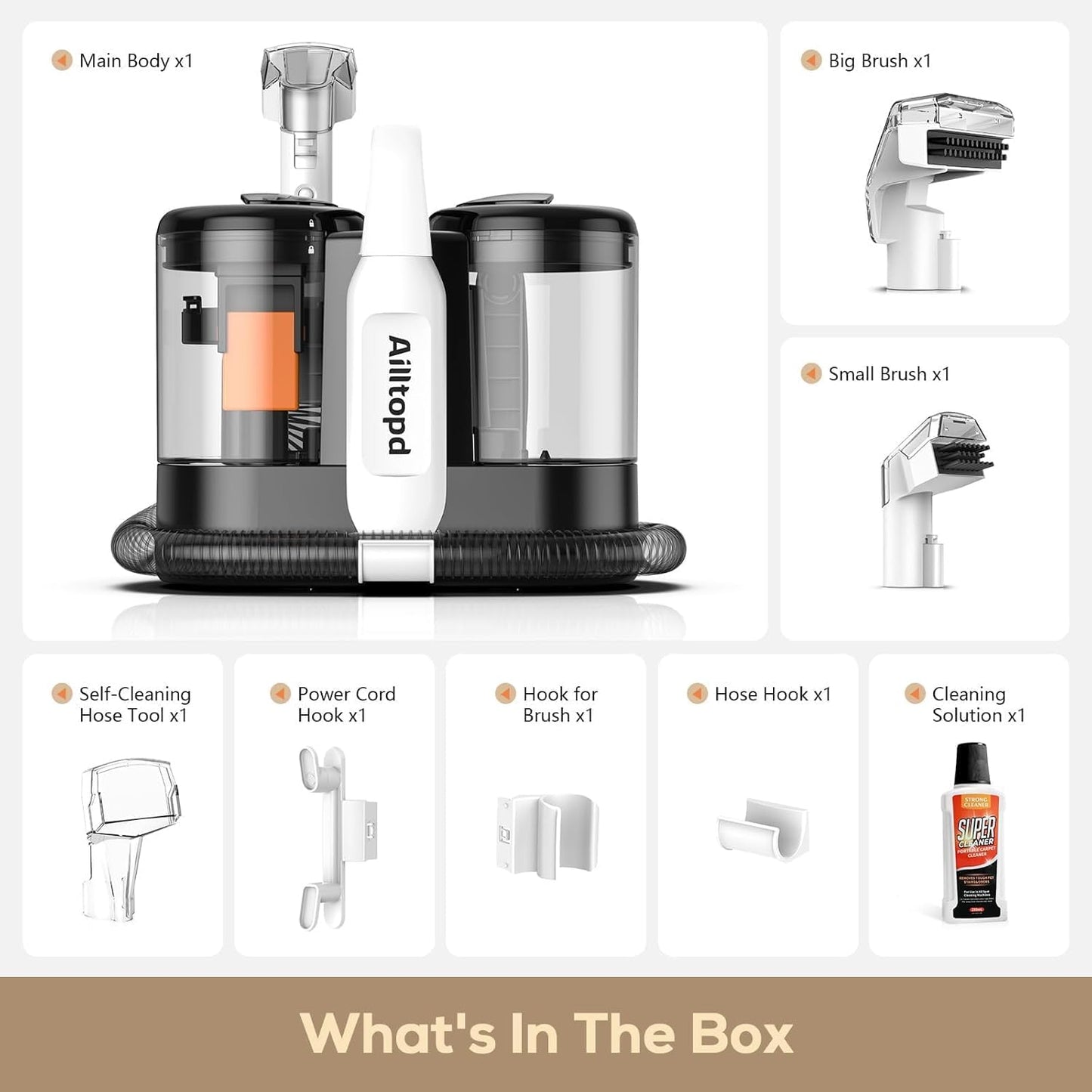 Upholstery Cleaner Machine, Powerful Suction & Portable Spot Remover, Deep Stain Cleaning for Carpet, Pets, Stairs, Car Seat, Couch, with Dual Size BrushHead and Cleaning Solutions