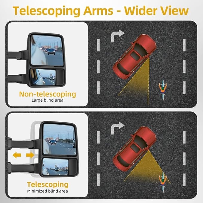 DWVO Tow Mirrors Compatible with 1999-2007 Ford F250 F350 F450 F550 Super Duty & 2000-2005 Excursion, 2-Piece of Towing Mirrors with Amber Turn Signal & Power Heated, Folding Side Mirror, Direct Fit