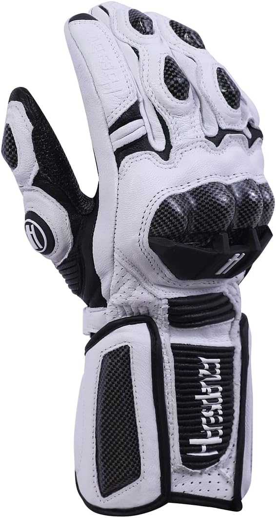Harssidanzar Leather Motorcycle Gloves for Men and Women,Powersports Carbon Fiber Knuckle Protection Motorbike Gloves KM045