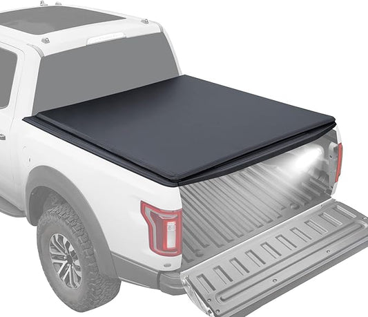CARMOCAR Quad-Fold Soft Folding Truck Tonneau Cover Replacement for Ford F-150 2015-2024 Styleside Waterproof Tonneau Covers Top Mount Assembly LED Lamp 6'5" Bed