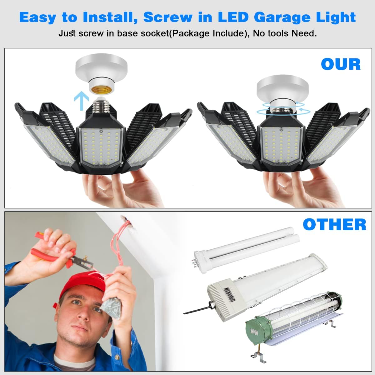 Garage Lighting - 80000LM Super Bright 6500K Garage Lights Ceiling Led w/ 8 Deformable Panels Compatible for E26/E27 Screw in Garage Light Bulb for Shops Barn Basement Attic - 4Pack