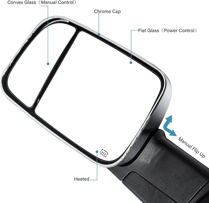BOOLEE Towing Mirrors Power Heated Compatible with 2009-2018 Dodge Ram 1500 2500 3500 Turn Signal Lamp Puddle Light Temperature Sensor Pickup Truck Tow Mirrors Chrome