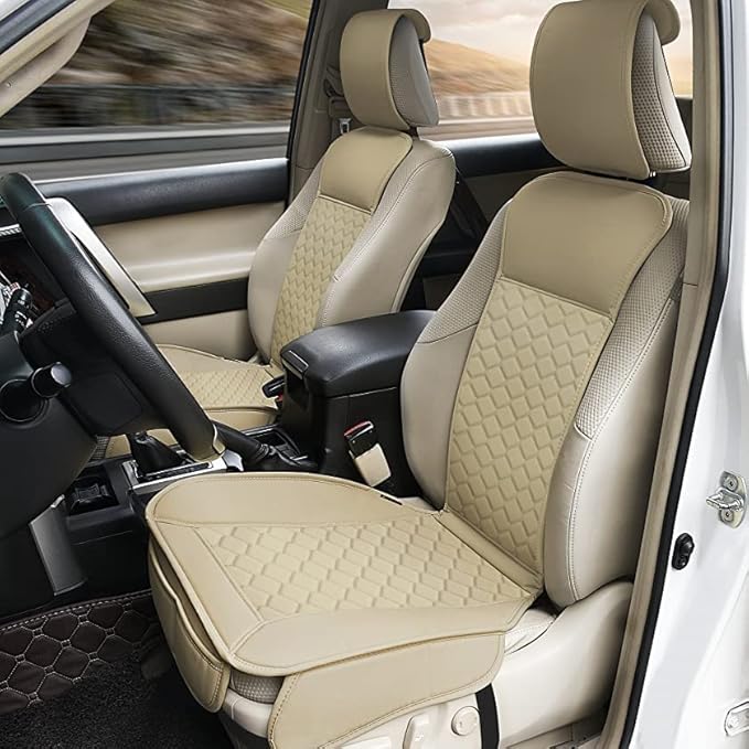 Elantrip Auto Car Seat Covers Leather Car Seat Protector for Women Airbag Compatible Diamond Pattern PU Seat Cover Universal Fitness 2PCs Beige