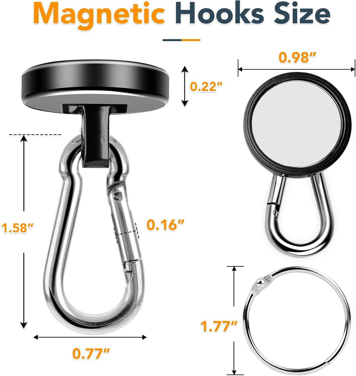 MIKEDE Magnetic Hooks Heavy Duty, 70LBS Strong Magnetic Hooks with Carabiner Hooks, Neodymium Black Magnets with Swivel Hooks Great for Hanging, Kitchen, Grill, Locker or Cruise Cabin - 10 Pack