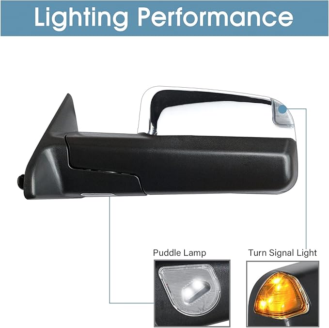 BOOLEE Towing Mirrors Power Heated Compatible with 2009-2018 Dodge Ram 1500 2500 3500 Turn Signal Lamp Puddle Light Temperature Sensor Pickup Truck Tow Mirrors Chrome