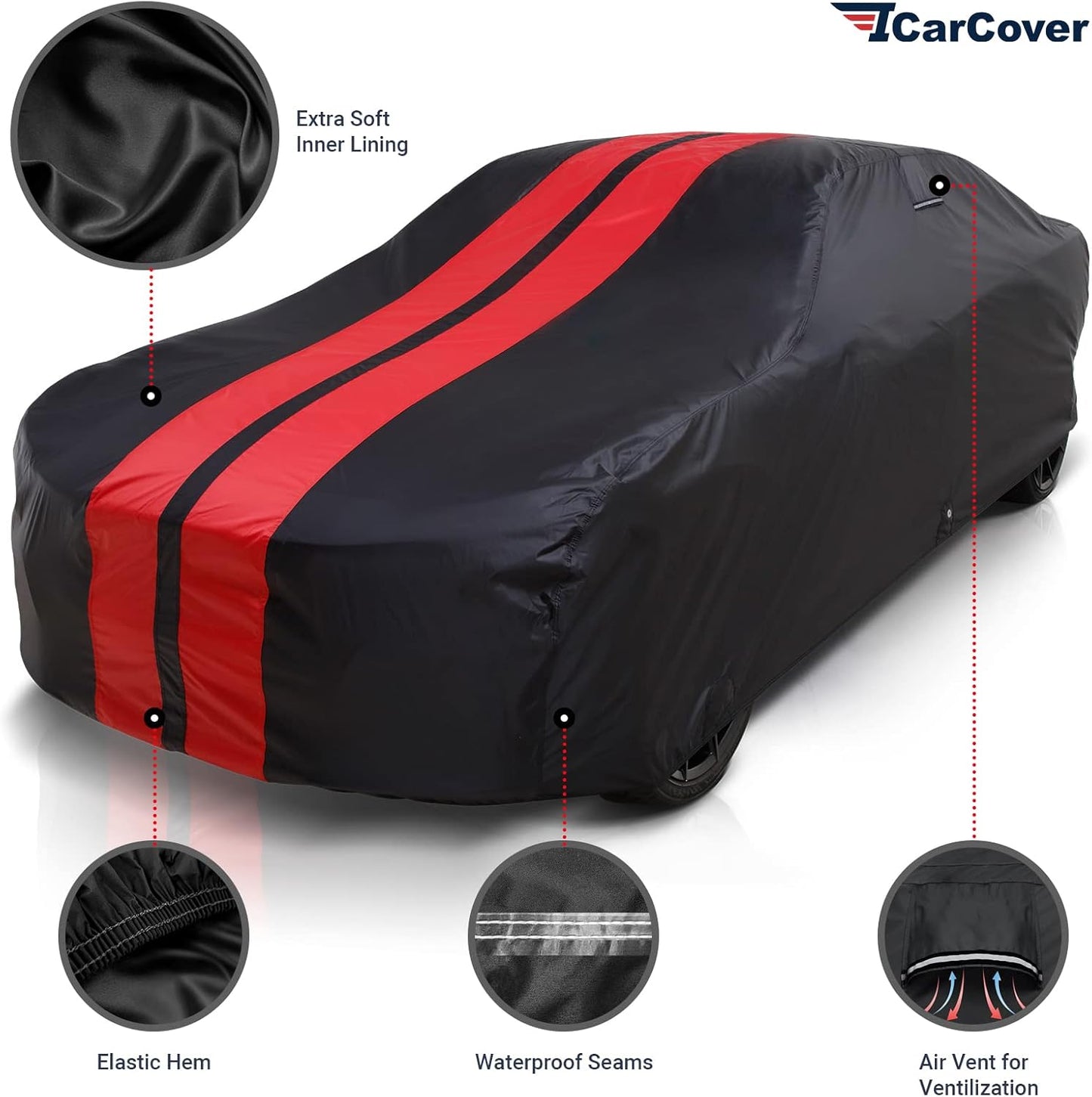 iCarCover Custom Car Cover Compatible with Mustang 1974-1978, Waterproof All Weather Rain Snow UV Sun Protector Full Exterior Indoor Outdoor Car Covers, Stripe (Black/Red)
