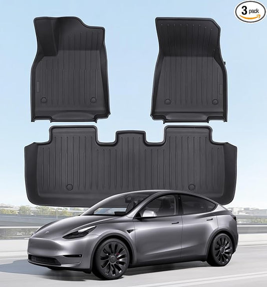 Floor Mats Fits for Tesla Model Y 5-Seat 2024-2020 - Custom Fit All Weather Front & Rear Row TPE Car Mats Floor Liners, 3-Piece (Not Fit 7-Seat)