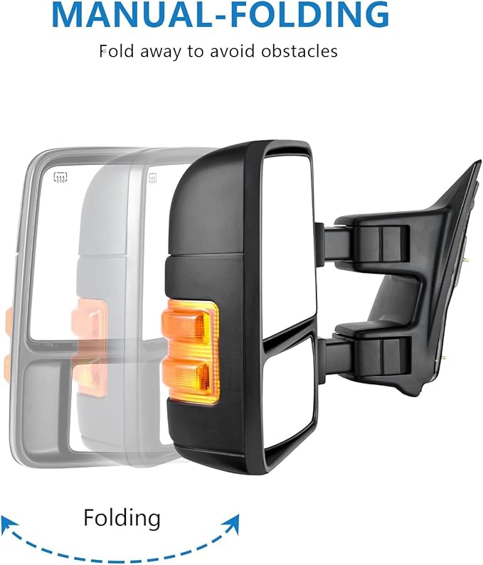 Towing Mirrors Left & Right Pair Set For 99-07 F-250 F-350 F-450 F-550 Super Duty, 01-05 Excursion, Power Heated,Amber Signal Light, Black Mirror Lh Rh Driver Passenger Door Replacement