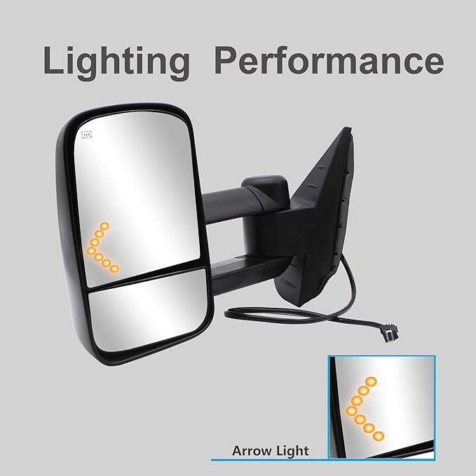 WLLW Towing Mirrors fit for 2007-2014 Chevy Silverado 1500 2500 3500 Suburban GMC Sierra Yukon with Power Heated LED Arrow Signal Light Manual Folding Telescoping Black Cap