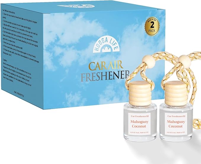 HoogaLife Car Air Freshener Diffuser 2 Pack Hanging Mahogany Coconut Car Air Freshener for Women 45+ days Long Lasting Fragrance Made in USA (M32)