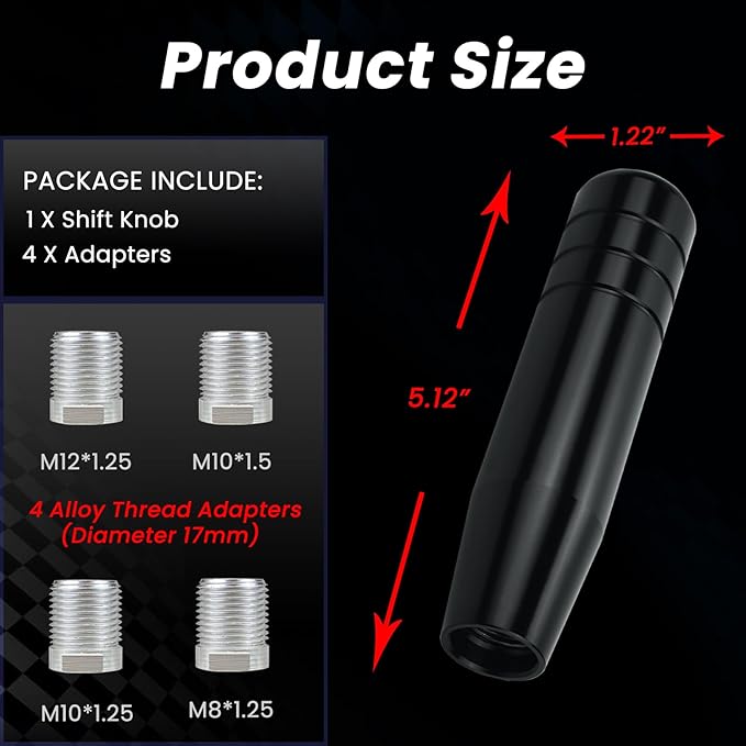 Gear Shift Knob - Universal Fit with 4 Alloy Adapters, 5.12" Long Lightweighted Shifter Knobs, Suitable for Manual & Auto Cars, Black