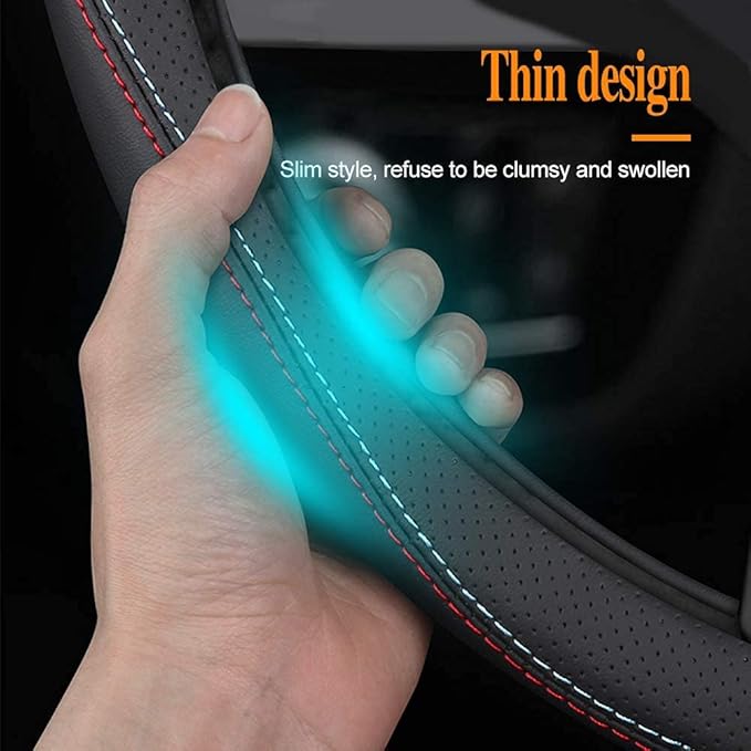 Carodi Latest Nappa Leather car Steering Wheel Cover, Stylish Non-Slip Leather car Interior 15 inches Universal（Black）