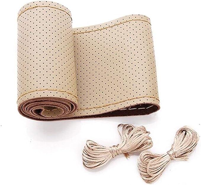 BELINOUS Universal Leather Car Steering Wheel Cover, Stitch On Wrap (Size M5, Light Beige)
