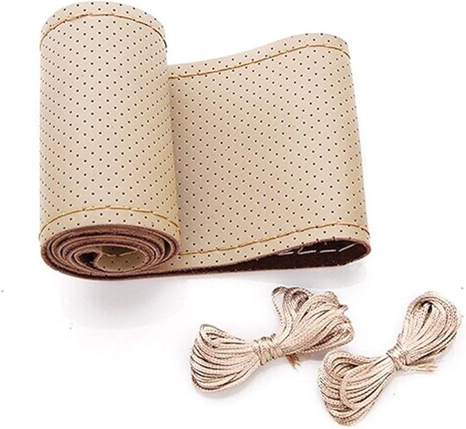 BELINOUS Universal Leather Car Steering Wheel Cover, Stitch On Wrap (Size M4, Light Beige)