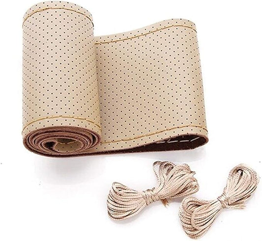 BELINOUS Universal Leather Car Steering Wheel Cover, Stitch On Wrap (Size M4, Light Beige)