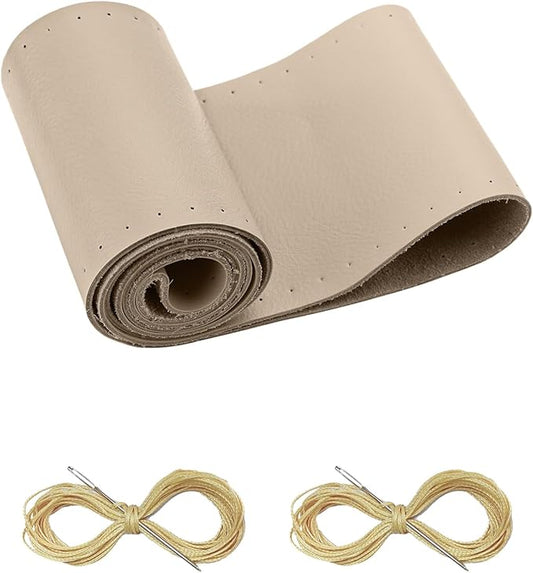 BELINOUS Leather Steering Wheel Cover Lace Up, Stitch On Wrap, Universal Fit 13-20 inch Car Truck SUV Pickup Boat, A Whole Piece of Cowhide, DIY Stitch w/Needle Thread (Size M1, Light Beige)