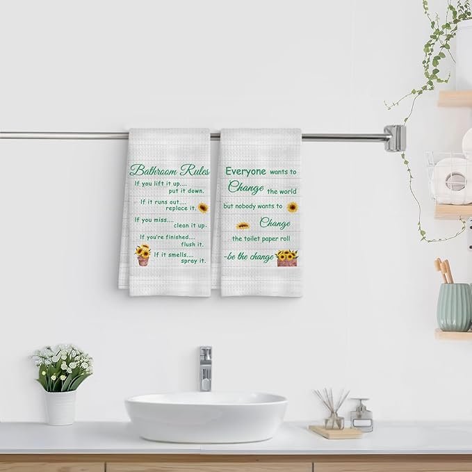Funny Bathroom Rules Decorative Hand Towels Set of 2, Rustic Farmhouse Hand Towels for Bathroom Decor, 16x24 Inch(Sunflower Style)
