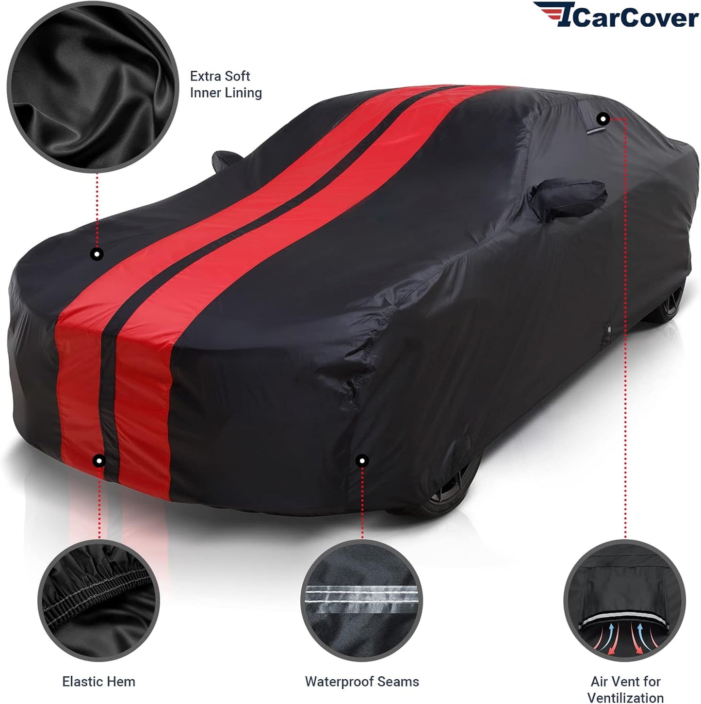 iCarCover Custom Car Cover Compatible with Mustang 1979-2004, Waterproof All Weather Rain Snow UV Sun Protector Full Exterior Indoor Outdoor Car Covers, Stripe (Black/Red)