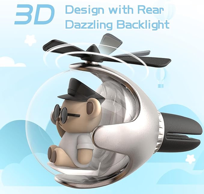 White & Black Bear Car Air Freshener with LED Lights & 4 Scented Pads – Subtle Fragrance, Decorative Auto Accessories