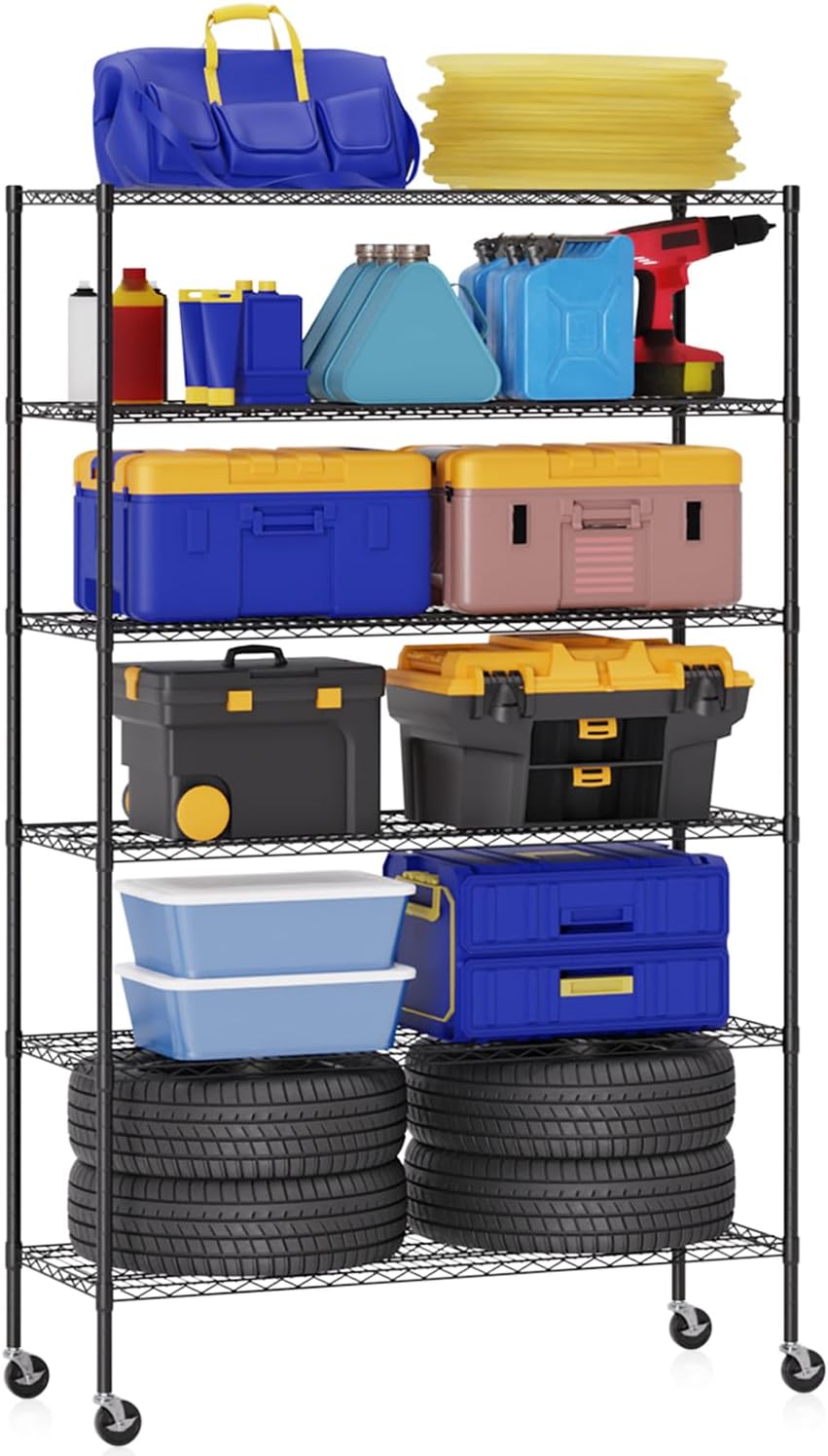 BestOffice 18x48x77 Storage Shelves Commercial Heavy Duty Metal Shelves Garage Organizer Wire Rack Shelving Storage Unit Shelf Adjustable Utility 6000 LBS Capacity,Black