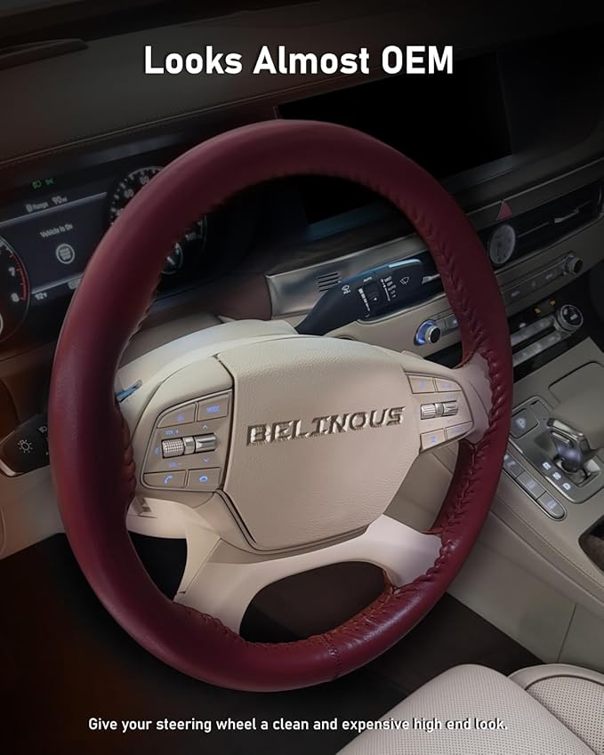 BELINOUS Leather Steering Wheel Cover Lace Up, Stitch On Wrap, Universal Fit 13-20 inch Car Truck SUV Pickup Boat, A Whole Piece of Cowhide, DIY Stitch w/Needle Thread (Size L1, Wine Red)