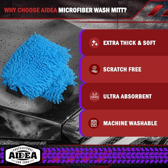 AIDEA Car Wash Mitt Microfiber 2PK, Scratch-Free& Lint-Free, Premium Chenille Microfiber Wash Mitt-Blue Extra Large Size (8''X12'')