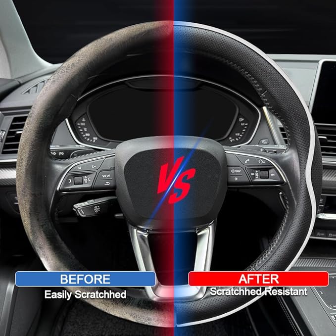 Leather Steering Wheel Cover， with Anti-Slip Stripe Design - Enhanced Grip, Fashion Style, Safe, Non-Slip, Breathable. Upgrade car Interior，Black White