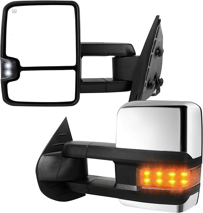 Towing Mirrors for 2007-2014 Chevy Silverado/GMC Sierra 1500 2500 HD 3500HD (2007 New Body Style ONLY) Chrome Power Heated Amber Turn Signal Clearance Lamp Pair Set Replacement